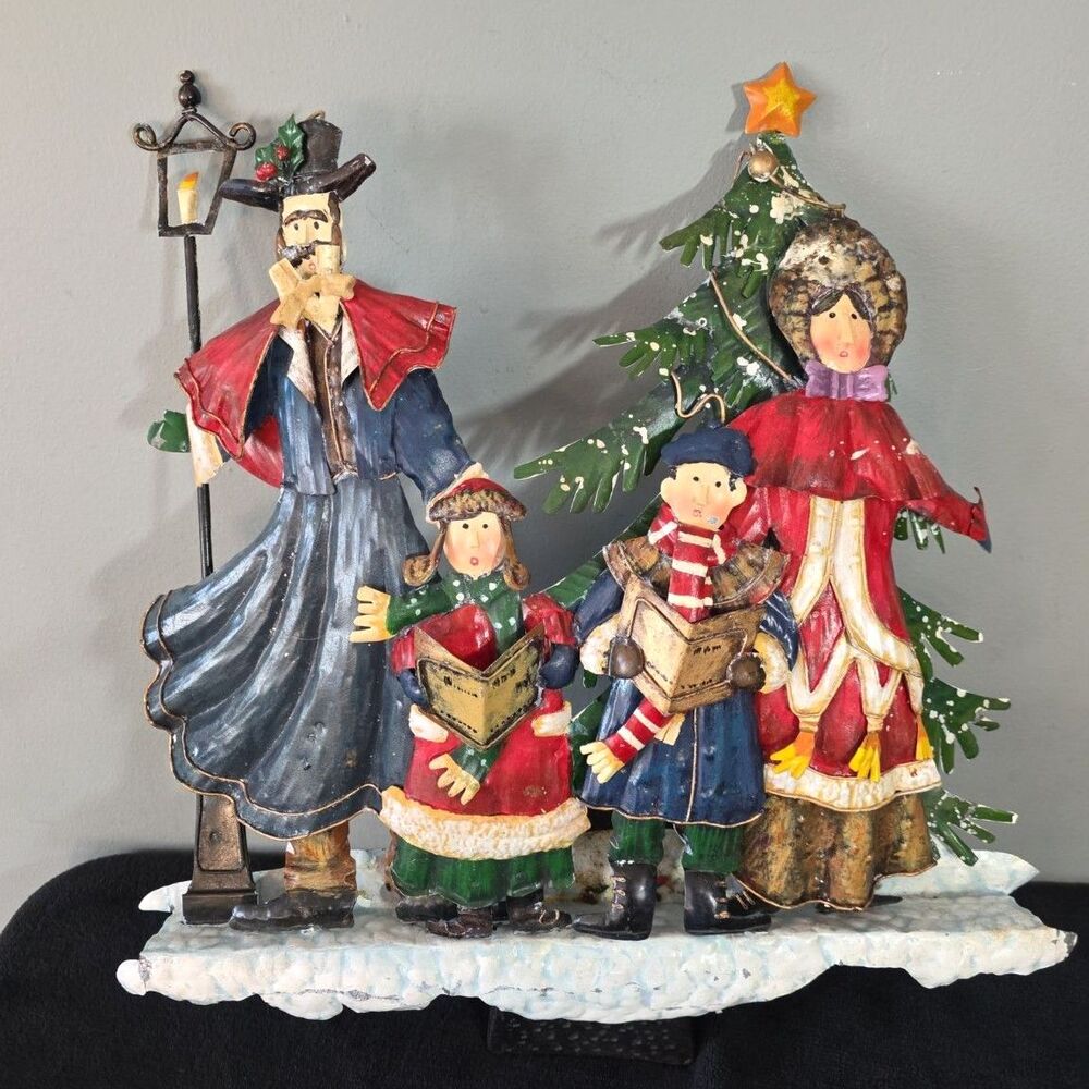 Vtg Metal Christmas Carolers Family Wall Hanging Hand Painted 3D Layered 16"x16"